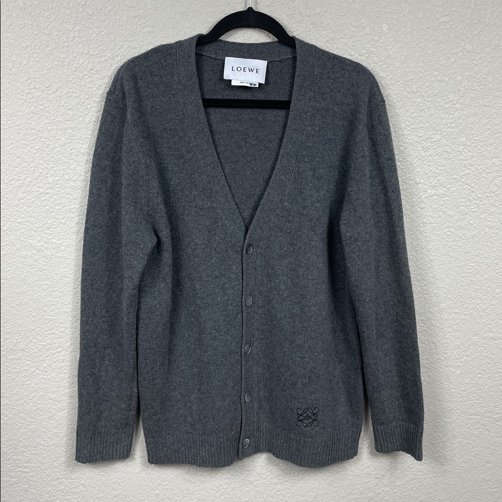Loewe Gray Cotton Longline Grandpa Cardigan Embroidered Anagram Sz XL